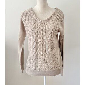 Beige V-Neck Cable Knit Sweater With Button-Up Back By The Limited Size S